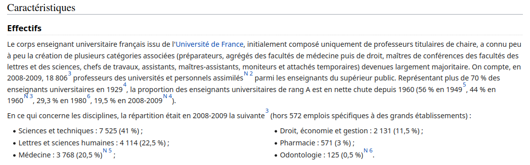 Capture d'écran de la section Effectifs de la page Wikipédia, très imprécise, et mal mise en page.